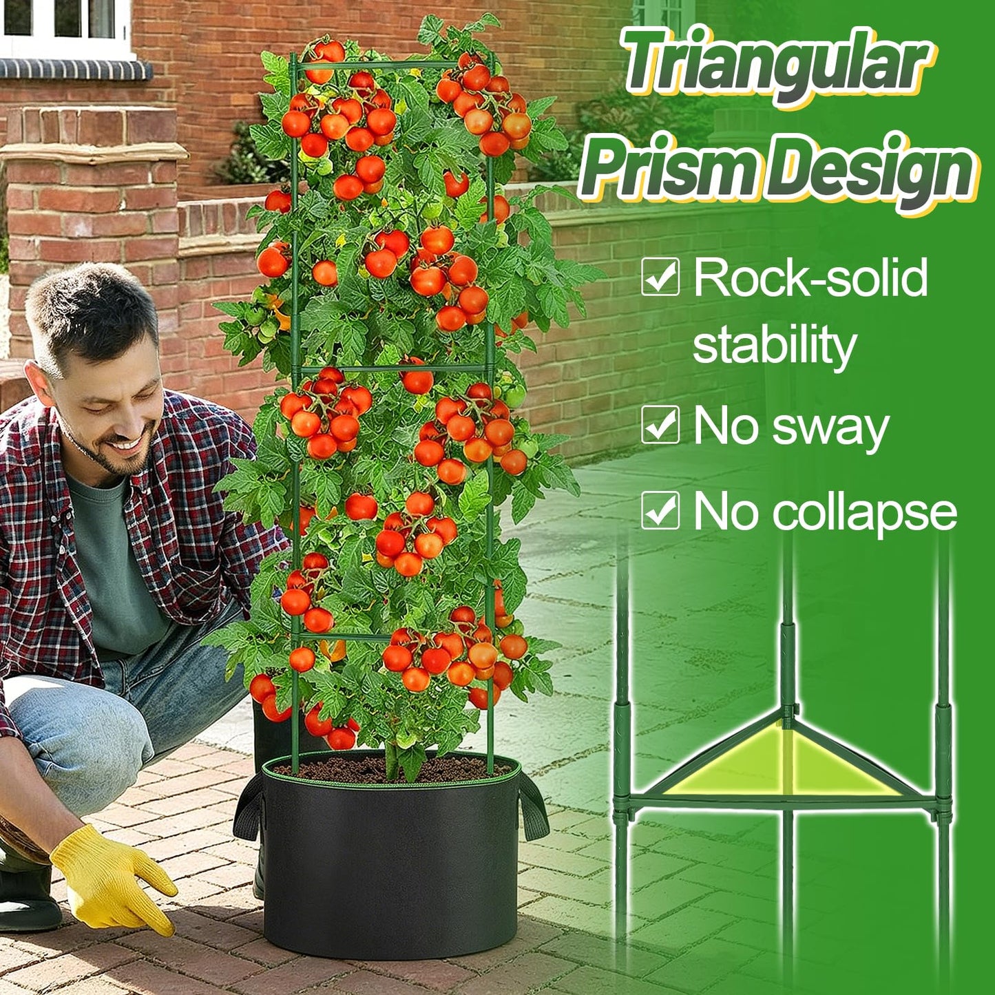 ANPHSIN Sturdy Triangle Tomato Cage with Movable 15 Gal Grow Bags - 3 Sets 47'' Plants Garden Trellis Planters, Support for Indoor Outdoor Beans, Peppers, Eggplants, Climbing Vegetables