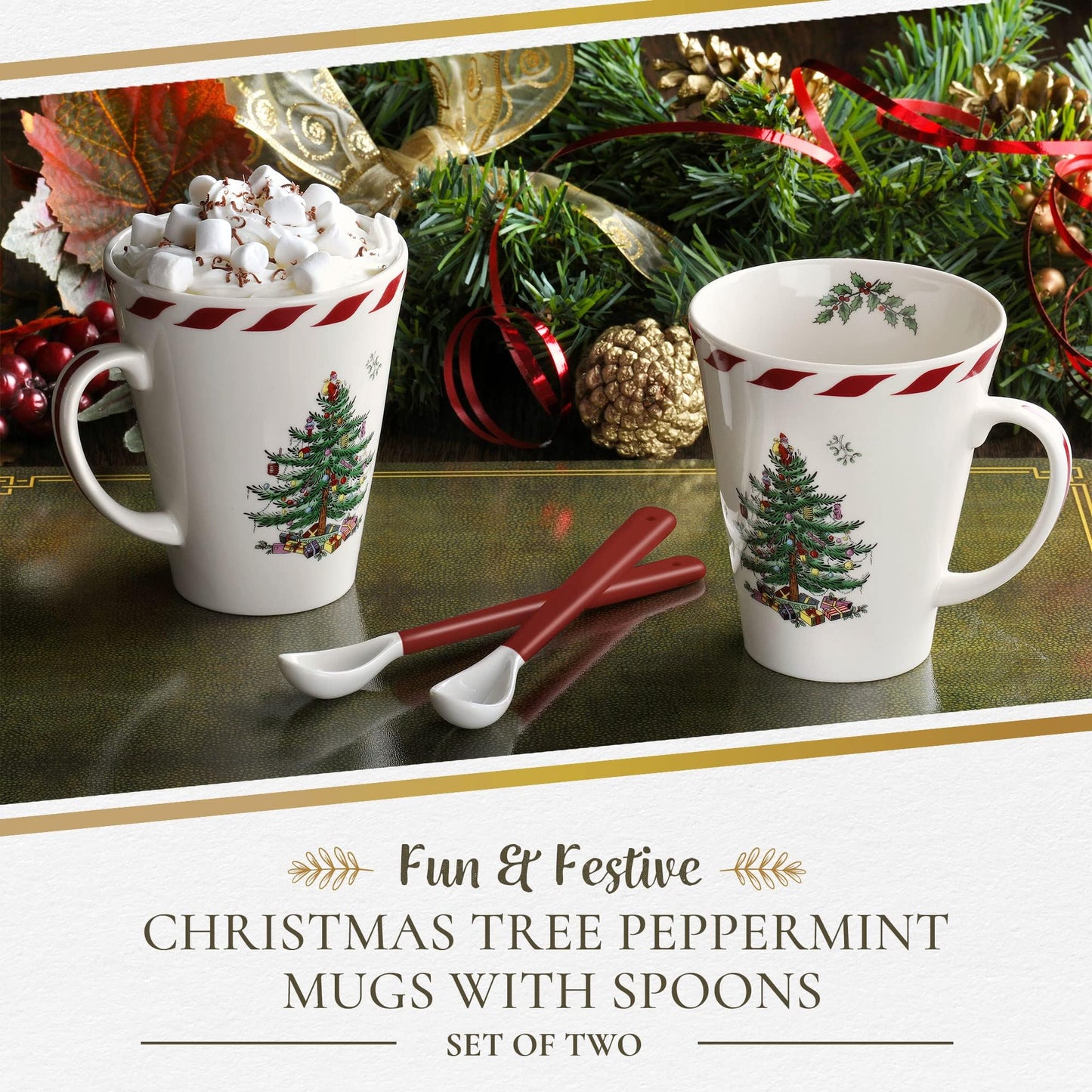 Spode Christmas Tree Peppermint 14oz Mug & Spoon Set (4-Piece) - Festive Earthenware with Candy Cane Motif, Mug for Hot Chocolate, Coffee, Holiday Mornings - Christmas Drinkware