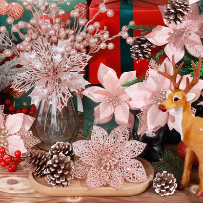 56 Pcs Christmas Decorations, 4 Styles Poinsettias Artificial Christmas Flowers Glitter Berries Stems Ornaments Tree with Pine Cones & Stems for Xmas Wedding DIY Wreath Floral Party (Rose Gold)