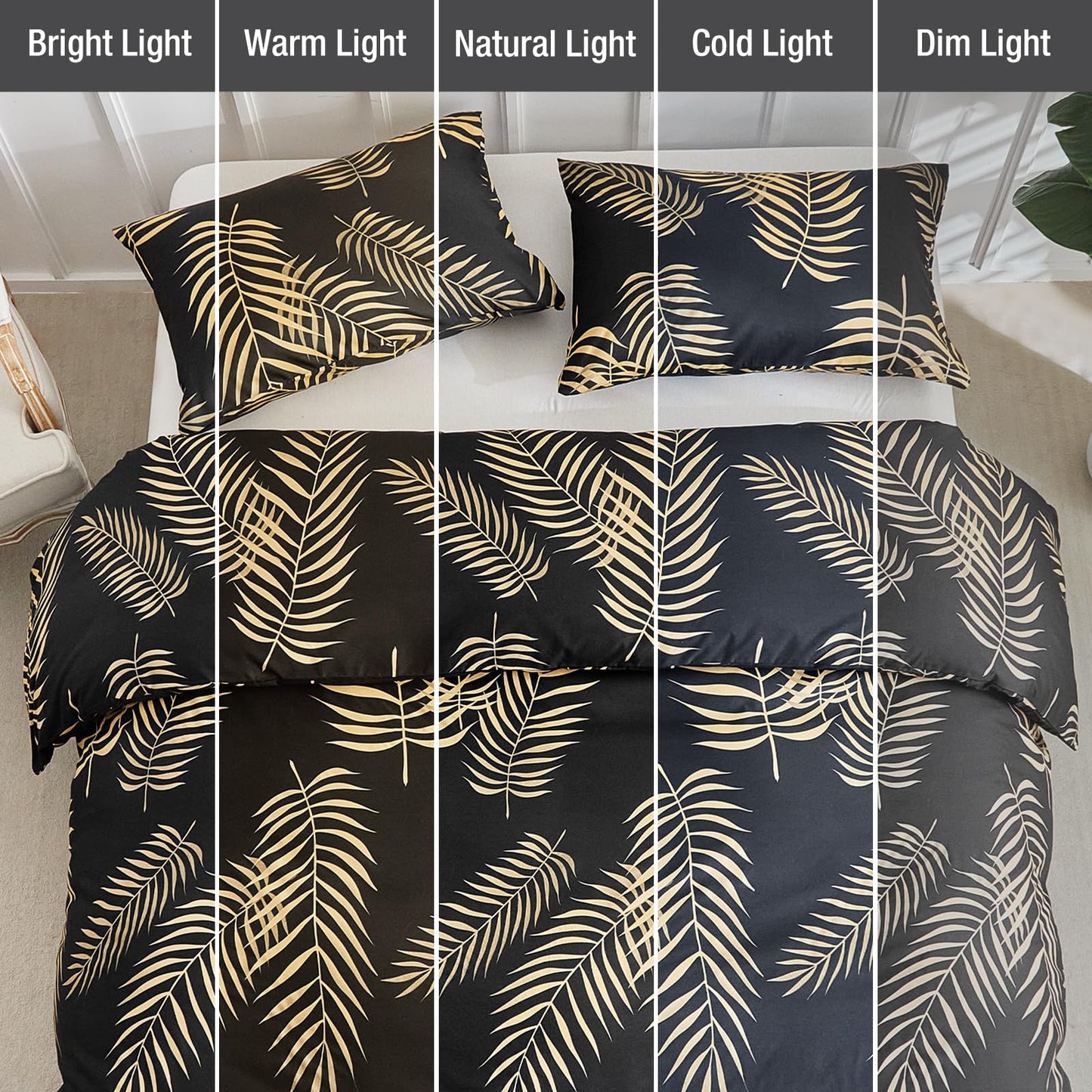 Lekesky Queen Duvet Cover Set, Black and Gold Tropical Palm Leaf Pattern Comforter Cover Queen Size, 3 Pieces Soft Microfiber Bedding Sets with Zipper & 2 Pillowcases, Comforter Not Included