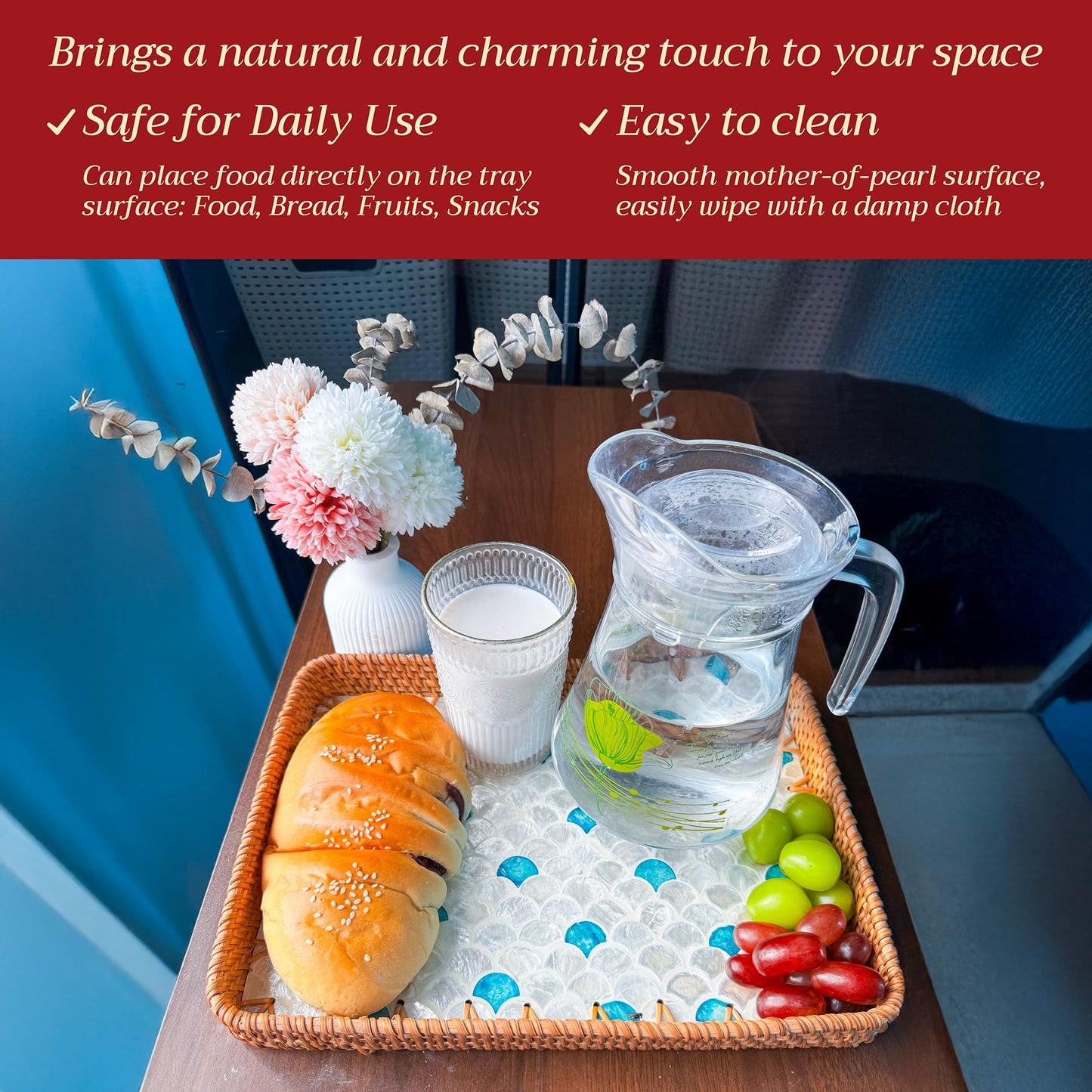 Rattan Tray Rectangle with Mother of Pearl – Unique Decorative Rattan Serving Tray for Food, Bread, Fruits, Snacks & Organizing Bathroom, Coffee Table – Christmas & Housewarming Gift (Fin 13.3"x9.4")