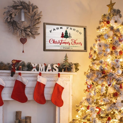 Christmas Signs Farm Fresh Christmas Trees Wood Sign Rustic Farmhouse Holiday Decor with Wooden Frame Buffalo Plaid Xmas Winter Hanging Wall Decor for Home Party Living Room Fireplaces Table Decor