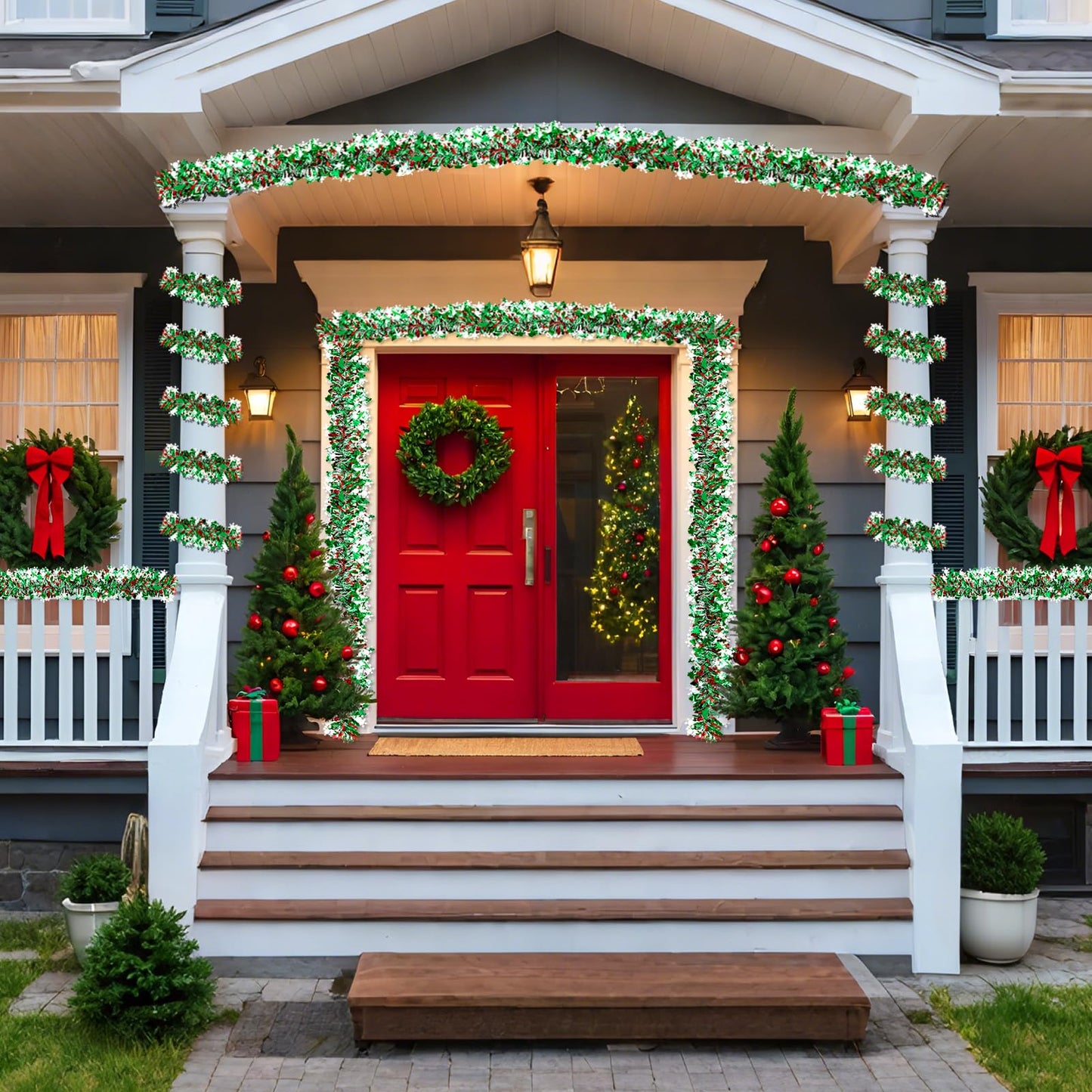 50Ft Tinsel Garland Christmas Tree Decorations,Xams Twist Garland with Snowflake Tree for Stairs Railing Mantle Indoor Outdoor Holiday Home Red Green White