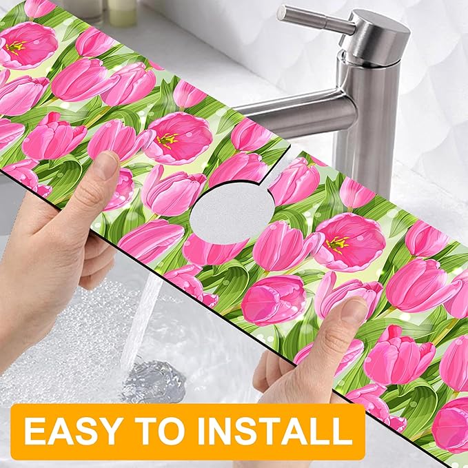 2 Pack Watercolor Tulips Sink Faucet Absorbing Mat Pink Tulips Super Absorbent