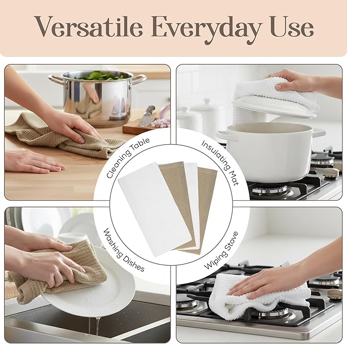 MosJos Kitchen Hand Towels Set of 4 Cotton Ribbed Taupe and White Hand Towels