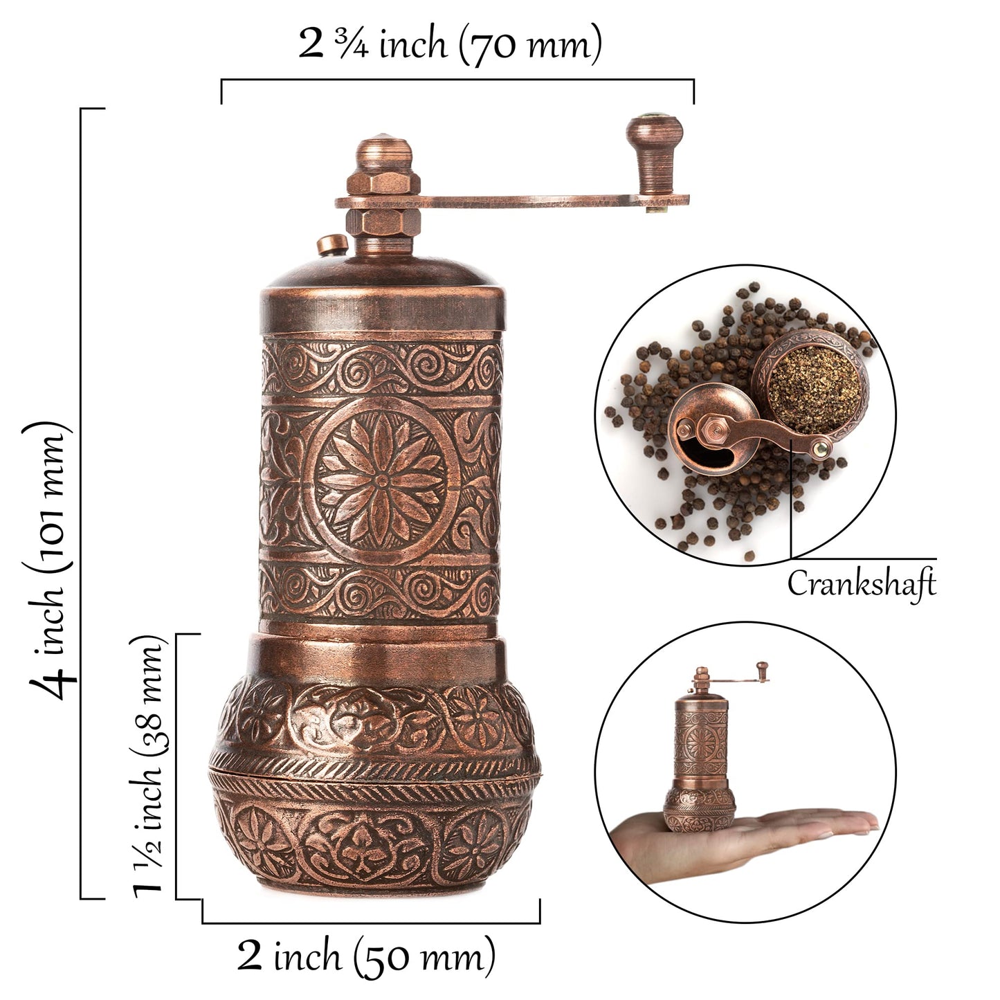 Decorative Black Pepper Grinder, Refillable Turkish Spice Mill with Adjustable Coarseness, Manual Pepper Mill with Handle, Spice Grinder Metal with Hand Crank, Copper