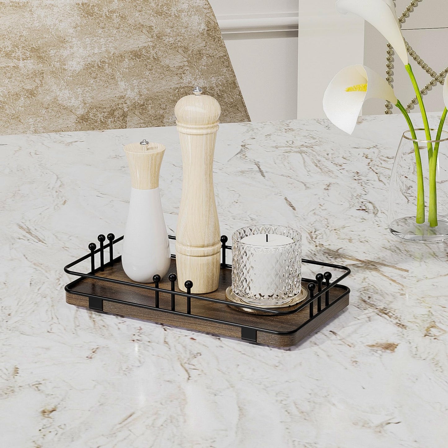 Pursura Bathroom Vanity Tray for Toiletries Makeup Perfume Candle Toilet Tank, Kitchen Tray for Soap Dispenser Spice Salt, Small Tray for Countertop Decor Coffee Nightstand 7.9”x4.4” Brown-Black