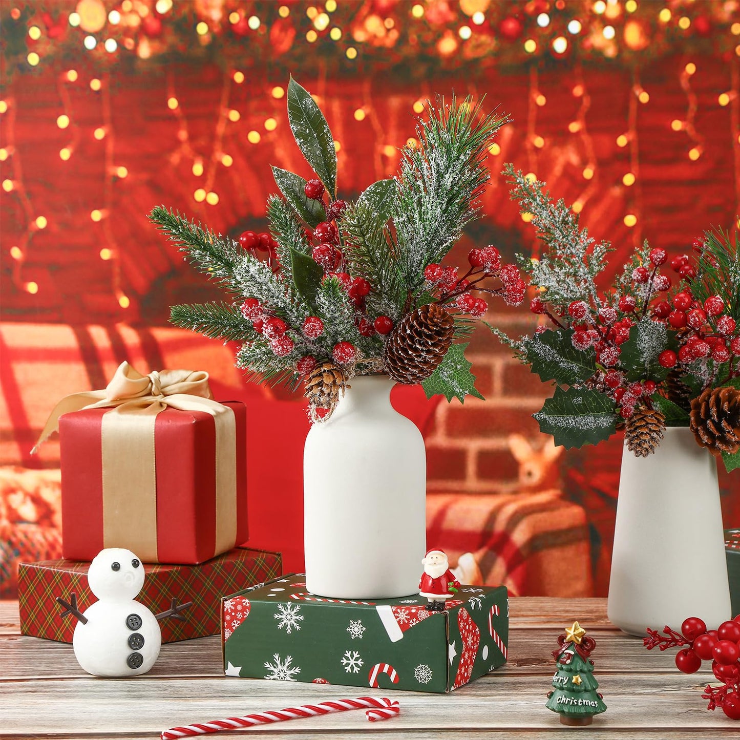 Cindeer 16 Pieces Christmas Artificial Pine Picks, 11 Inch Assorted Red Fruit Floral Picks Stems Berry Holly Berry Branches Pine Picks and Sprays for Xmas Floral Tree Christmas Wreath Winter Holiday