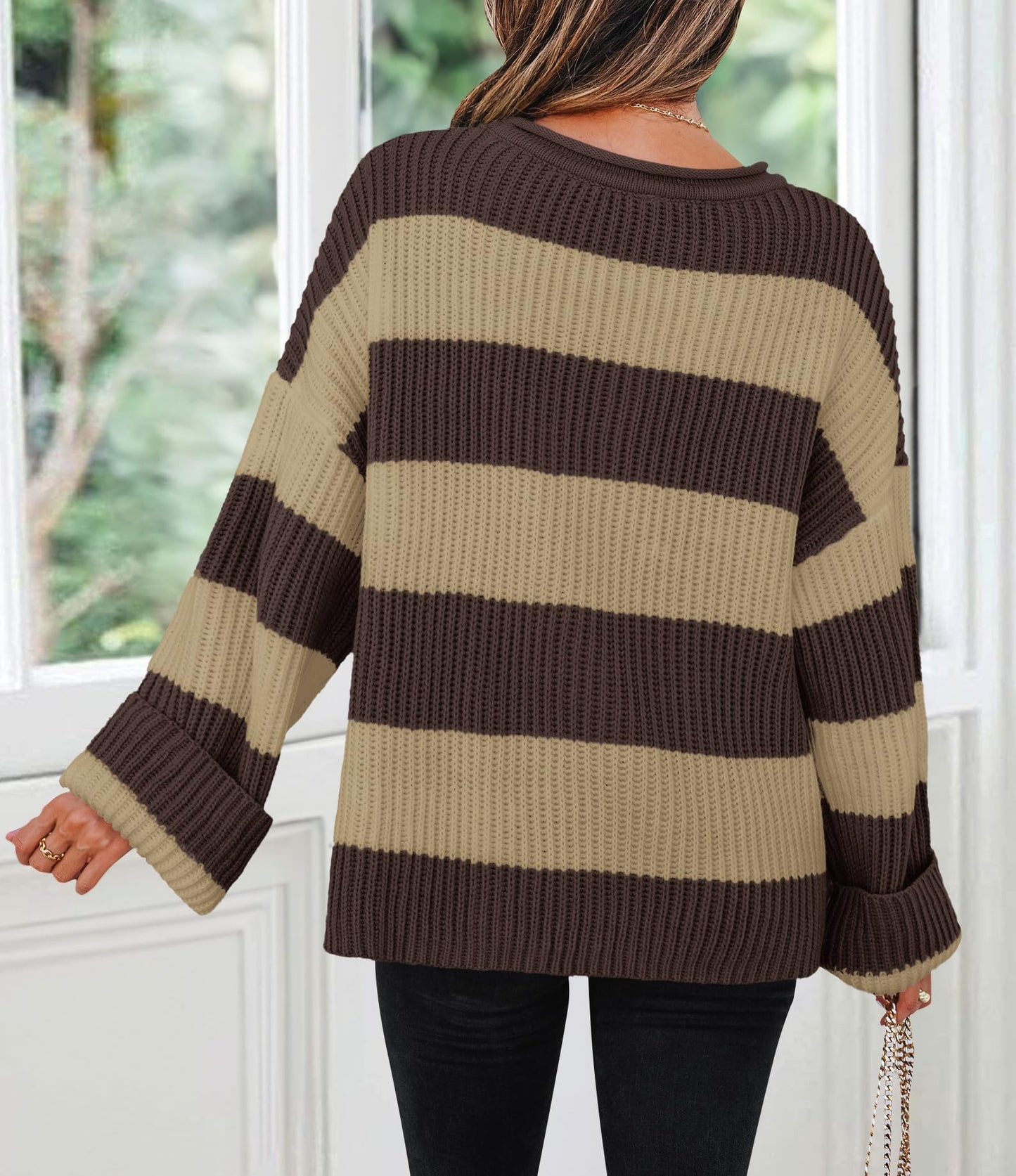 ZESICA Women's 2025 Fall Long Sleeve Oversized Striped Color Block Comfy Loose Crew Neck Knitted Pullover Sweater