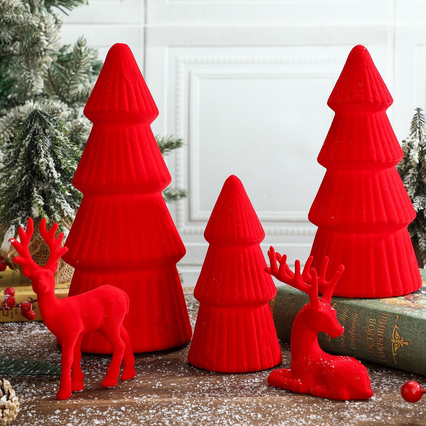 Amyhill 5 Pack Christmas Velvet Reindeer & Tree Decor Christmas Reindeer Decor Tree Figurine for Indoor Home Decoration Tabletop Mantle Cabinet Desktop Office(Red)
