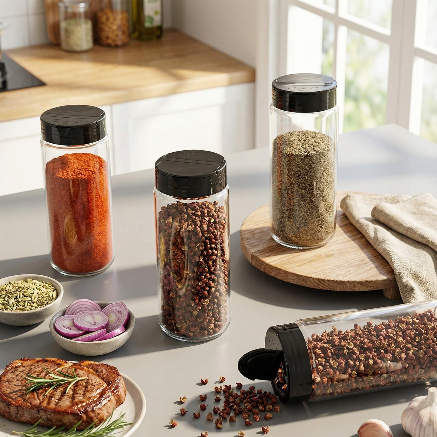 Acellegic 6 Pack 16 oz Glass Spice Jars with Shaker Tops Lids Large Spice Bottle with Lids for Kitchen, Herbs, Sugar, Pantry Herb Salt Pepper Storage (Round)