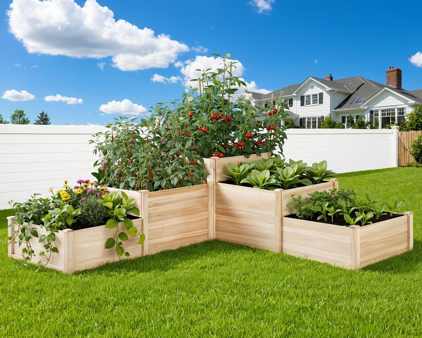 SPECRAFT Raised Garden Bed 3-Tier Outdoor Planter Box, Fir Wood with Dividers, Shape Adjustable, Tool-Free Assembly, Ideal for Growing Vegetables, Herbs & Flowers
