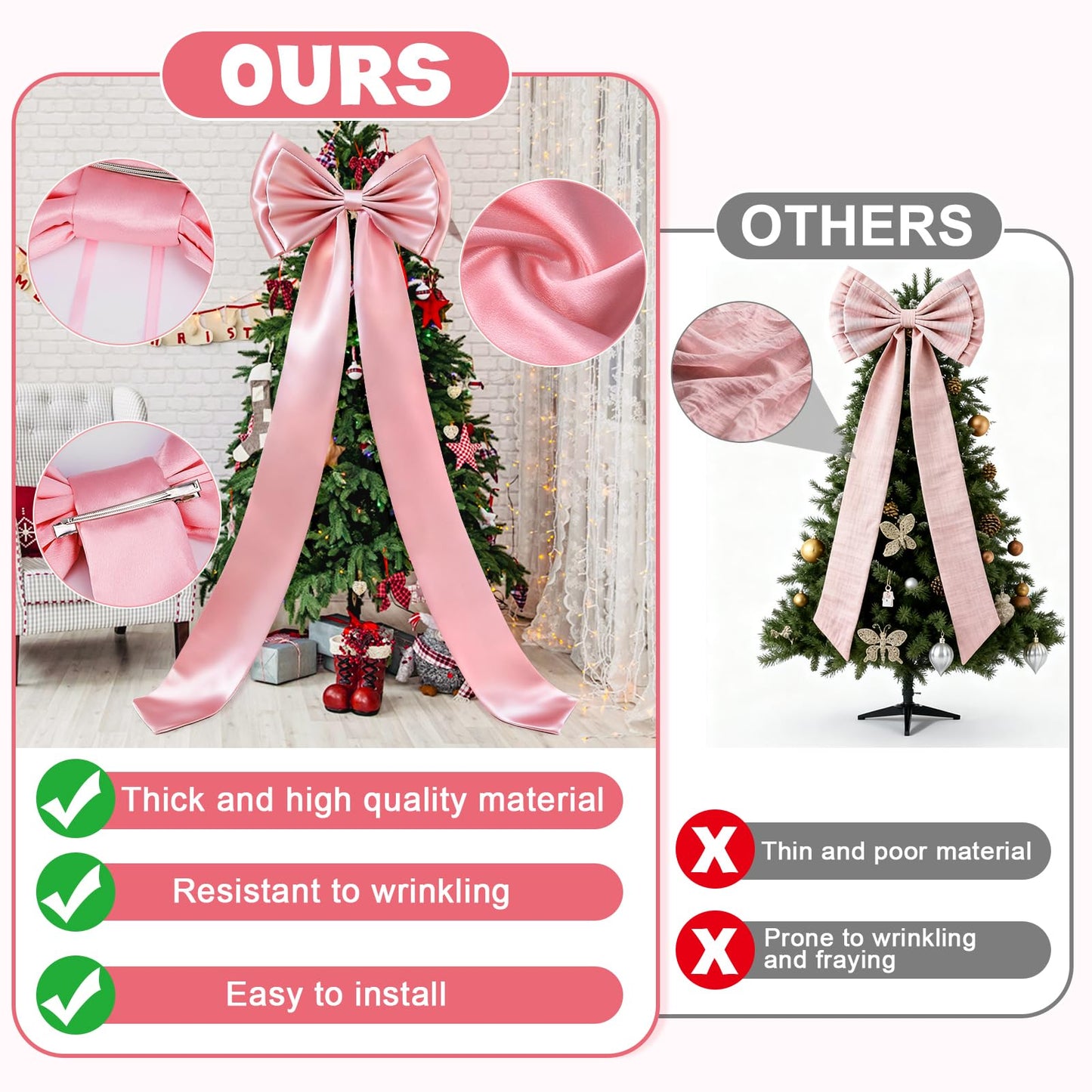 Dreamtop Giant Bow Decor, 19x75 Inch Christmas Tree Bow Topper Decoration for Christmas Tree for Home Wreath Wall Backdrop Birthday Wedding Party Decorations (Pink)