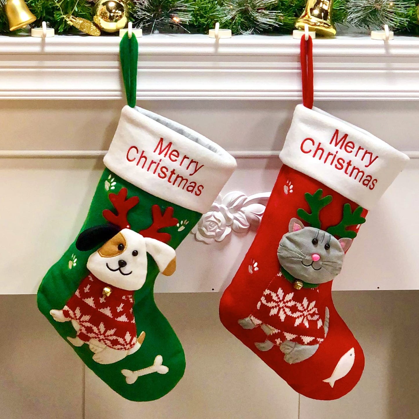 Hopearl 16'' Dog Christmas Stocking 3D Pet Holder Puppy Ornament Gifts Bags for Pets Decoration Holiday Party Supply Seasonal Ornament, Green