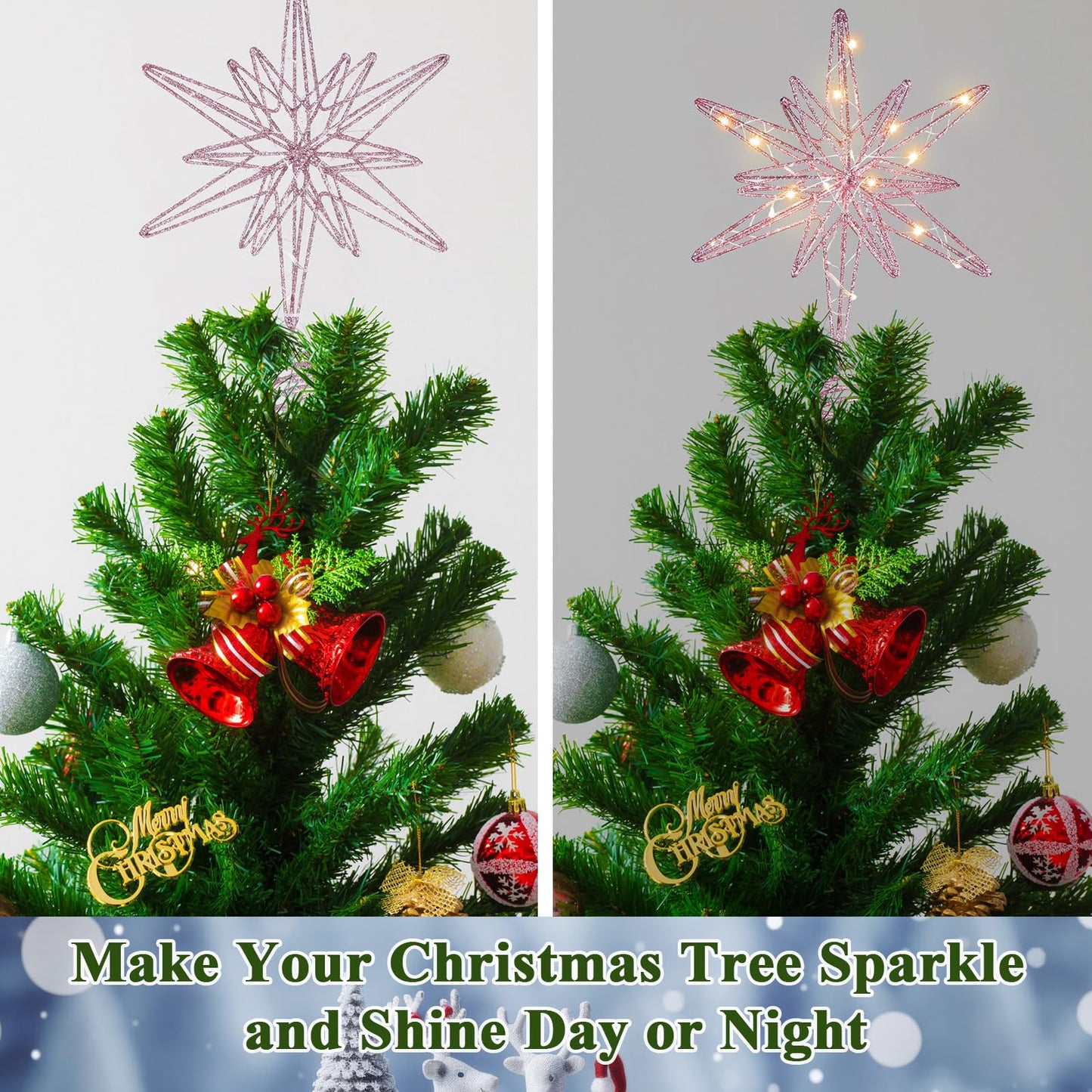 Sonwyoung Large Christmas Star Tree Topper with 20 LED Lights, Glitter Star Tree Topper Sparkle Xmas Treetop Ornament for Christmas Trees Party Holiday Decorations(13 Inch,Pink)