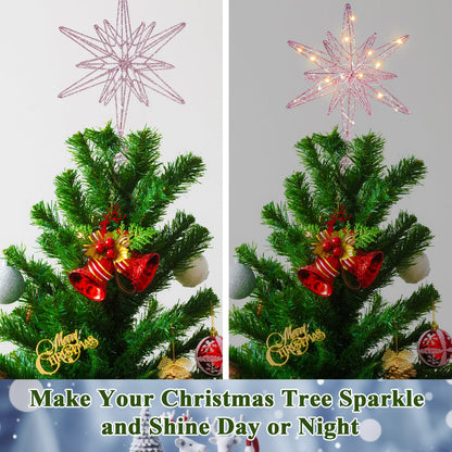 Sonwyoung Large Christmas Star Tree Topper with 20 LED Lights, Glitter Star Tree Topper Sparkle Xmas Treetop Ornament for Christmas Trees Party Holiday Decorations(13 Inch,Pink)