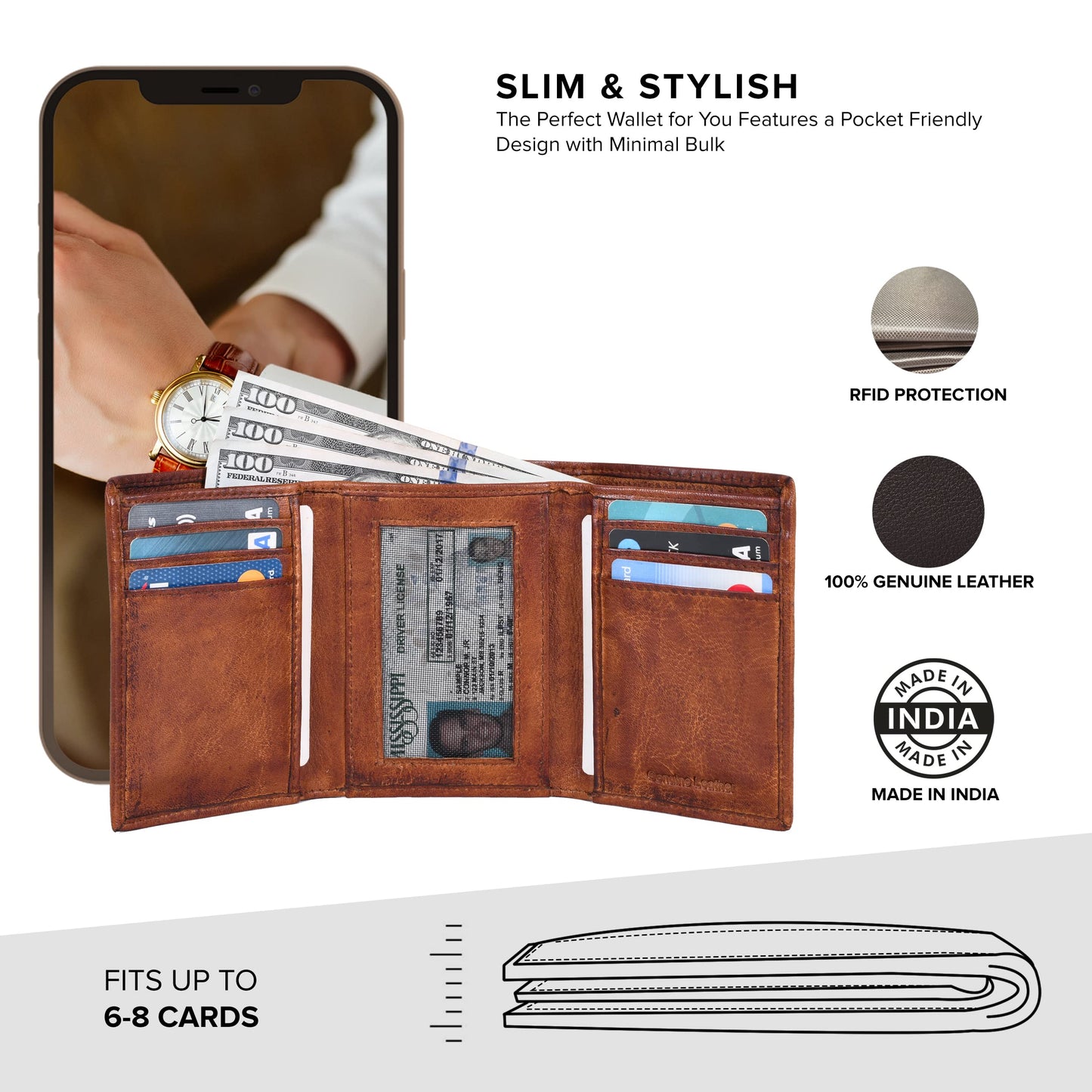 Tri fold Leather Wallet for Men with RFID | Slim Wallets for Men with 1 ID and 6 Credit card slots | Front Pocket Minimalist (Wash Tan)