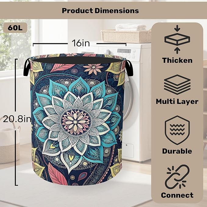 Bohemian Blue Flowers Laundry Basket, Dirty Clothes Basket, Water Resistant