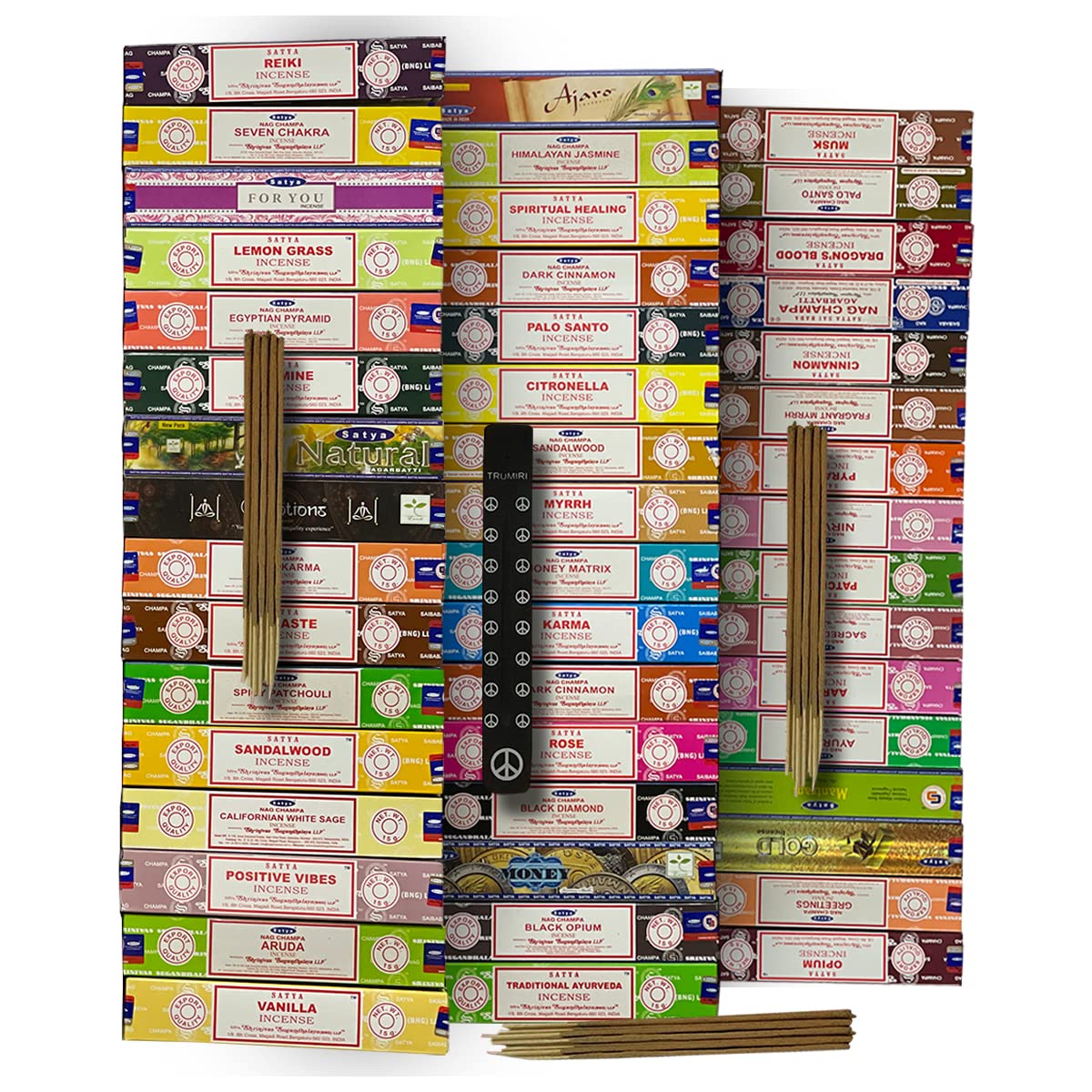 Satya Incense Sticks Variety Pack of 12 Randomly Selected Fragrances and Incense Stick Holder Bundle Total 180 Sticks
