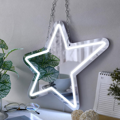 Bucherry Star Neon Mirror Sign, Star Room Mirror, USB LED Light, White, 12"x15", Decorative Wall Decor, Ideal for Bedroom, Party, Studio, Store, Gift