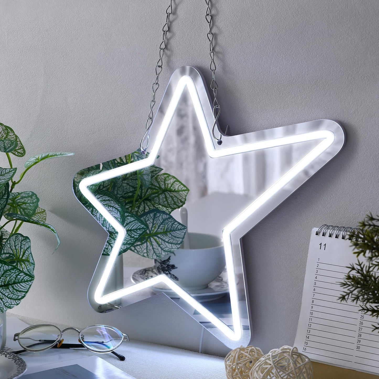 Bucherry Star Neon Mirror Sign, Star Room Mirror, USB LED Light, White, 12"x15", Decorative Wall Decor, Ideal for Bedroom, Party, Studio, Store, Gift