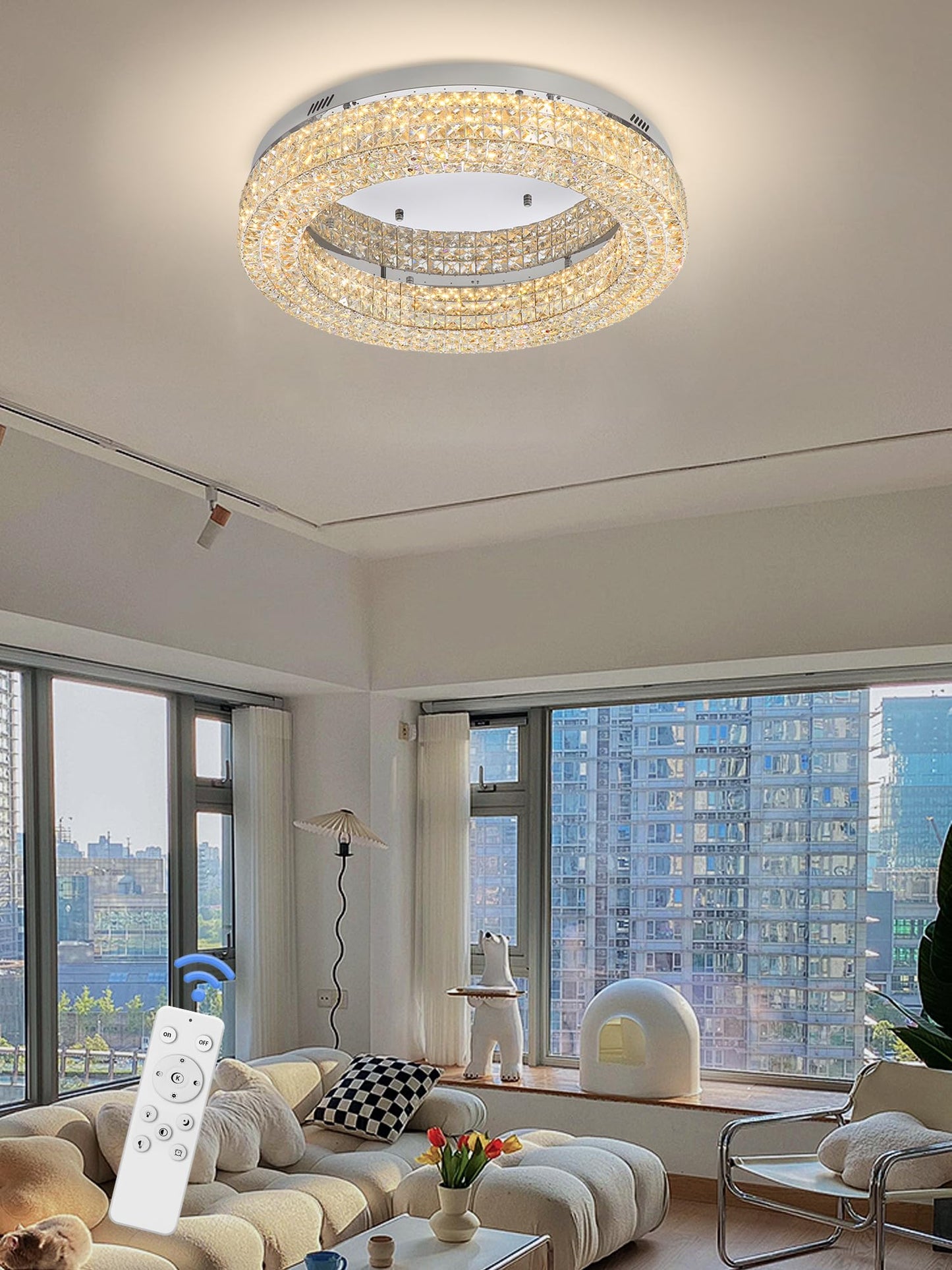 ykolupty 24" Crystal Chandeliers,Round Chandelier for Living Room Modern Ceiling Chandelier Flush Mount Ceiling Light Fixtures for Foyer Bedrooms Dining Room Hallway