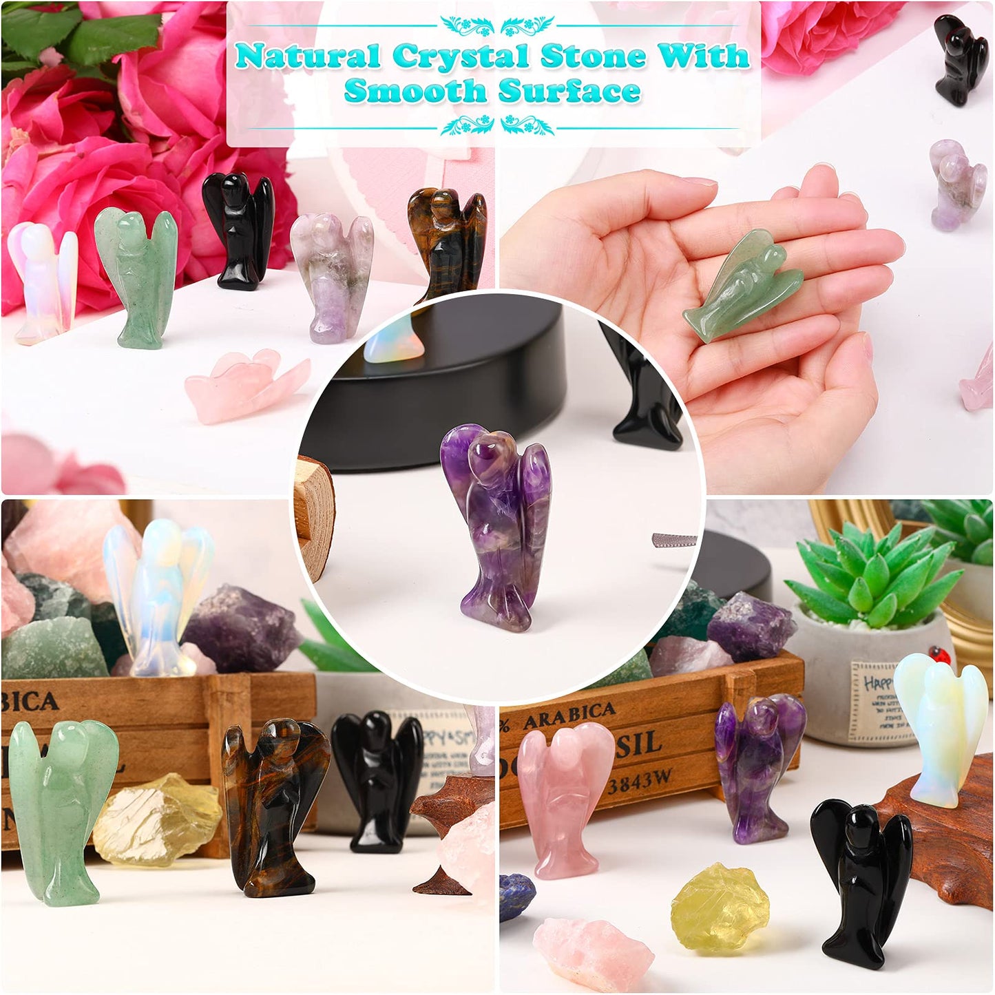Hicarer 6 Pcs Small Crystal Angel Figurines Mini Guardian Statue Natural Gemstone Carved Pocket Crystal Figurines Stones Decor Gift Love Peace Healing(1.5 Inch,Bright Color)