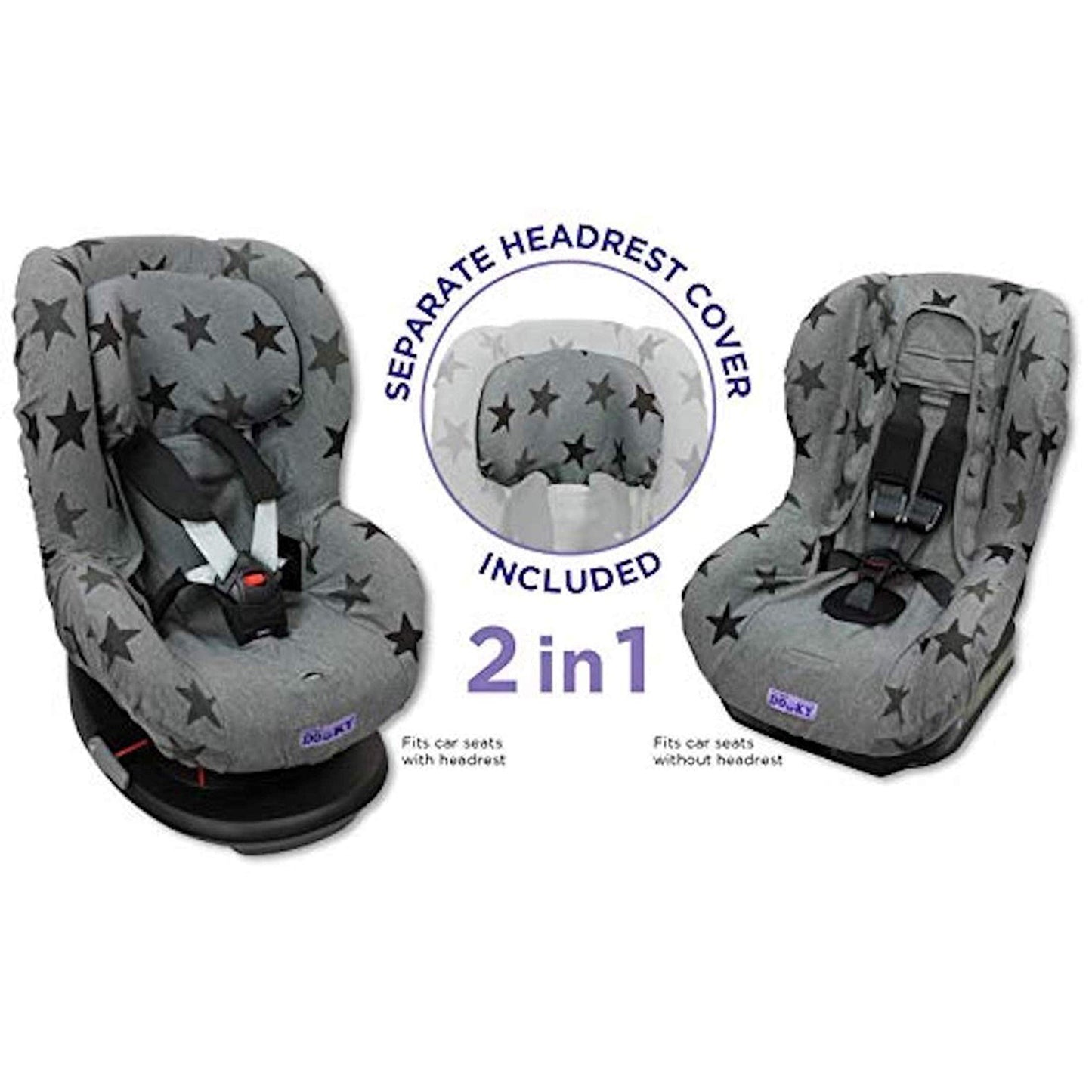 Dooky Seat Cover, Separate Headrest Cover Included, Universal Size, Fits Most Baby Car Seats with 5 Point Belts, 95 Percent Cotton and 5 Percent Lycra, Washable, Group 1+ yrs (9-18 kg), Grey Stars