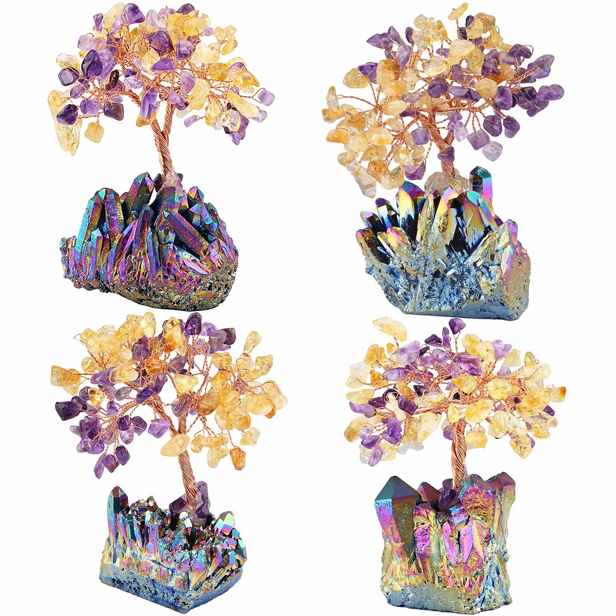 mookaitedecor Citrine & Amethyst Crystal Tree, Quartz Cluster Rainbow Titanium Crystals Base Bonsai Money Tree for Wealth and Luck