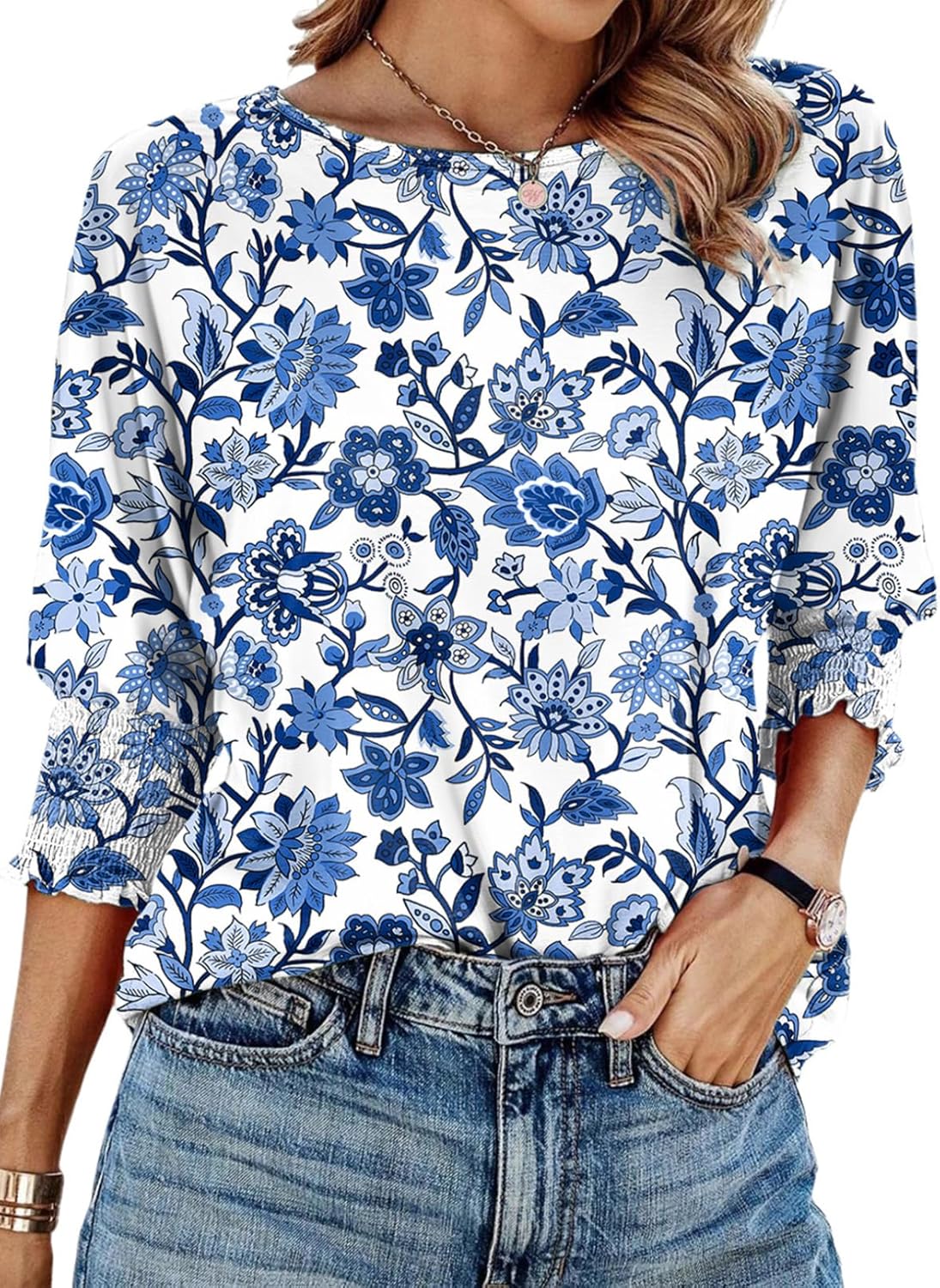 Dokotoo Women's 2025 Fashion Tops 3/4 Sleeve T-Shirts Cute Crewneck Basic Business Tees Blouses