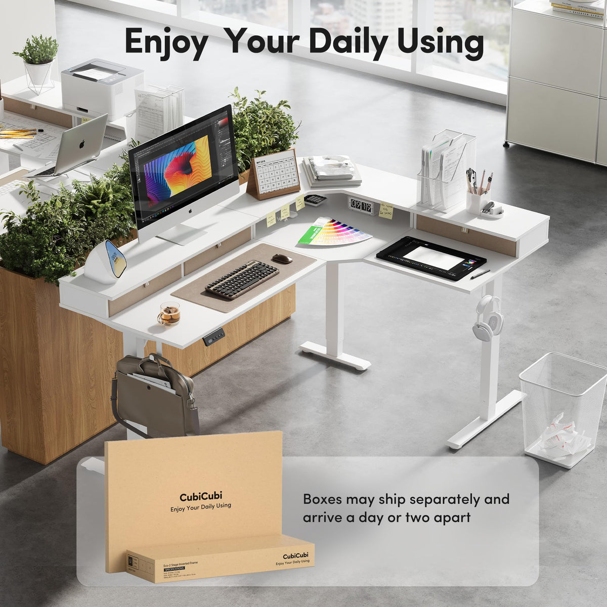 CubiCubi L Shaped Standing Desk with Drawers 63 x 48 Inch Adjustable Height, Electric Corner Desk with Storage, Sit Stand Home Office Desk with Splice Board, White