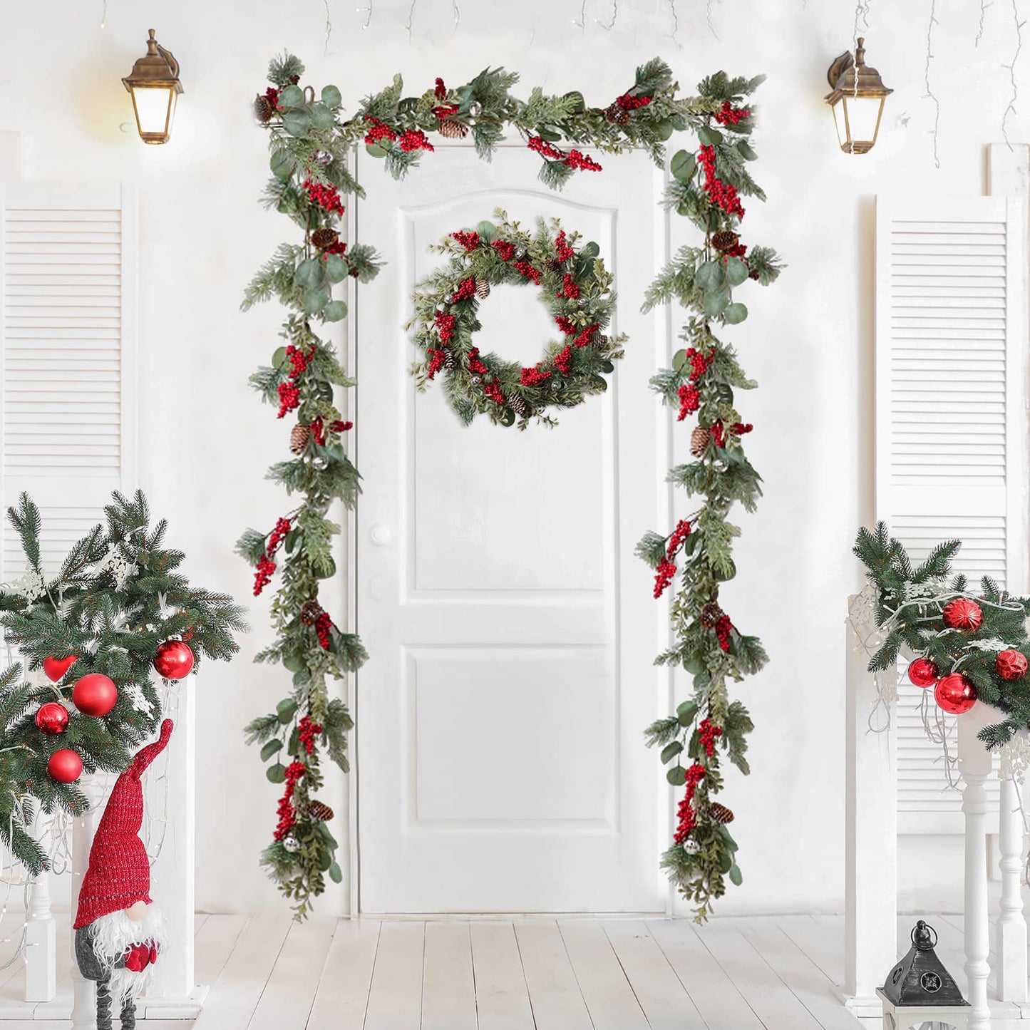 LOHASBEE Artificial Christmas Garland, 5 Feet Pine Cone Eucalyptus Garland with Red Berries, Bells & Greenery Glitter for Christmas Indoor Outdoor Garden Gate Front Door Home Wall Window Stair Decor