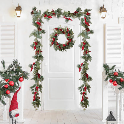 LOHASBEE Artificial Christmas Garland, 5 Feet Pine Cone Eucalyptus Garland with Red Berries, Bells & Greenery Glitter for Christmas Indoor Outdoor Garden Gate Front Door Home Wall Window Stair Decor