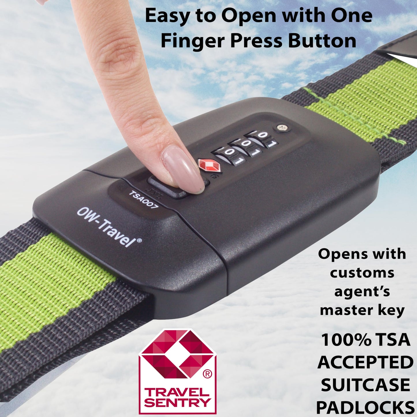 OW-Travel Personalised Luggage Straps with Locks for Suitcases (1 Pack Grey/Green) Easy to Spot TSA Suitcase Straps with Luggage Labels. TSA Approved Locks Bag. Lockable Travel Belt