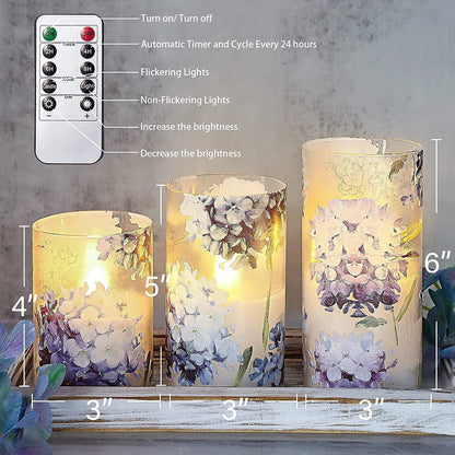 GORGE MOMENT Blue Violet Hydrangea Flameless Candles LED Flicker with Remote DIM Love Theme Summer Spring Decorative Glass Decor Wedding Date Proposal Dinner Table Home Gift for Lover