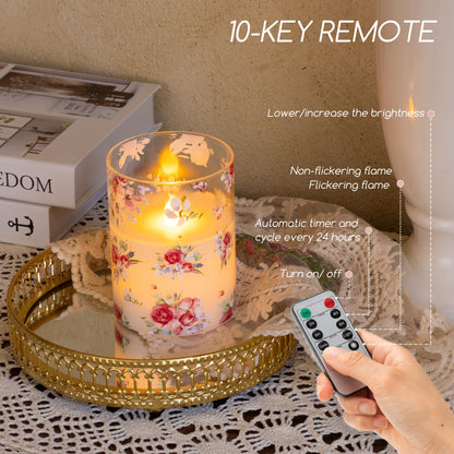 AFINETH Rose Flameless Candles Set of 3 – Glass Battery Operated Candles with Remote, Flickering Floral Flameless Candle for Wedding, Home, Party Gift