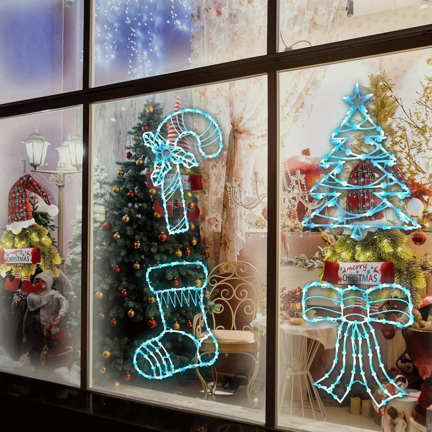 4 Pack Smart Christmas Window Lights, Christmas Window Silhouette Lights, Christmas decorations indoor,Custom & Preset Modes,APP Control Candy Cane,Christmas Tree,Bow,Christmas Stocking for Door Glass