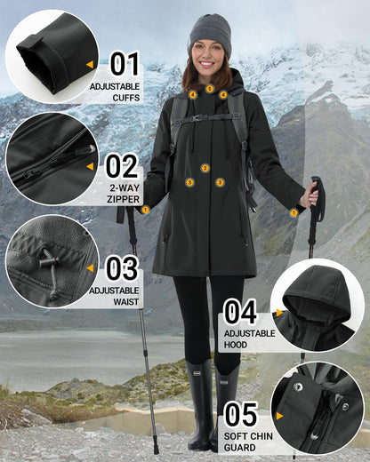 Outdoor Ventures Softshell Jacket Ladies Rain Jacket Functional Lightweight Rain Coat Windbreaker Waterproof Hiking Jacket Breathable Outdoor Jacket with Hood for Spring Fall Winter Black M