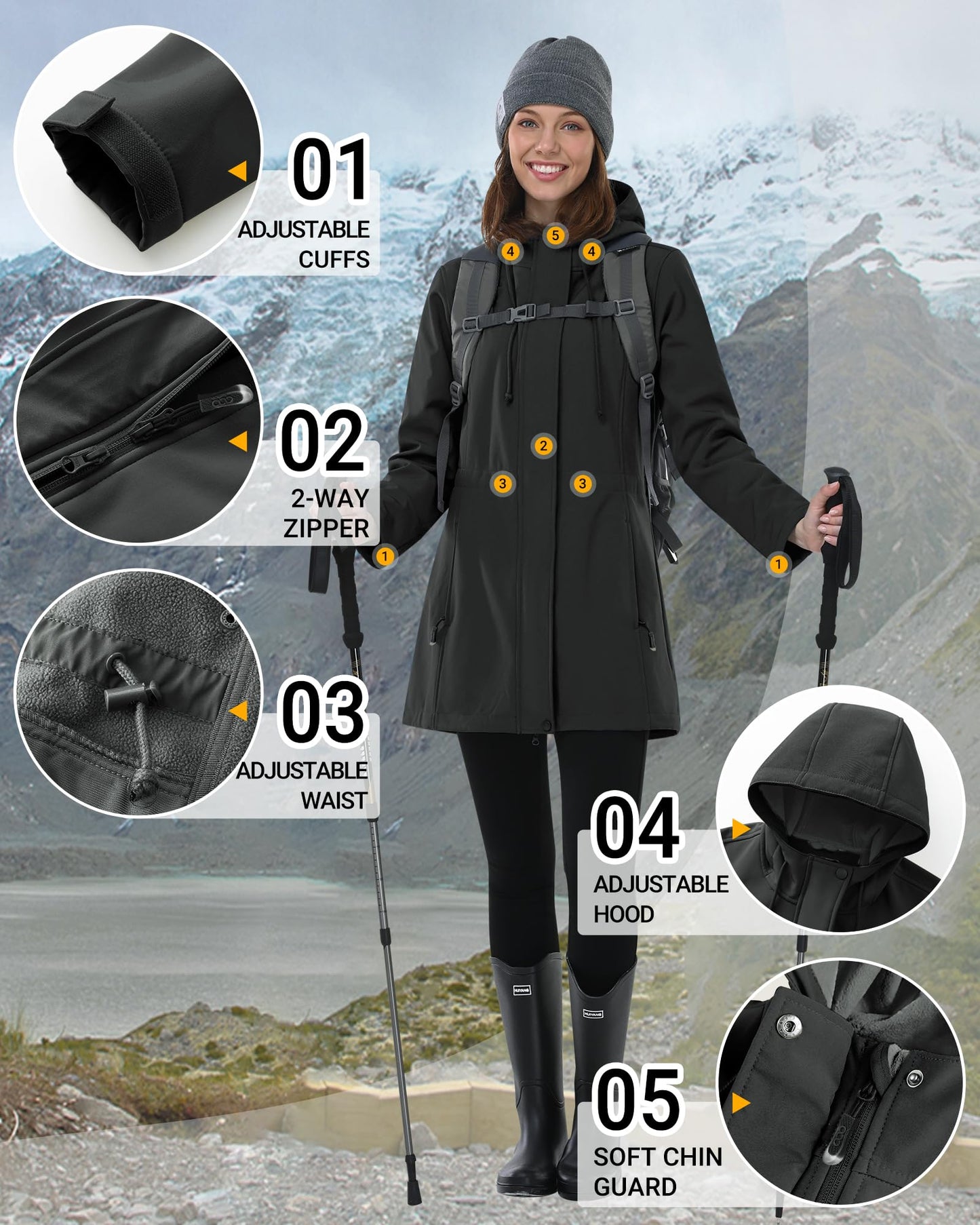 Outdoor Ventures Softshell Jacket Ladies Rain Jacket Functional Lightweight Rain Coat Windbreaker Waterproof Hiking Jacket Breathable Outdoor Jacket with Hood for Spring Fall Winter Black L