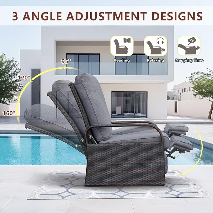 ATR ART TO REAL Outdoor Wicker Recliner Chair with 5.5'' Cushions, Automatic Adjustable Patio Chaise Lounge Chairs, Aluminum Frame Reclining Chair, UV Resistant, Rustless (Grey)