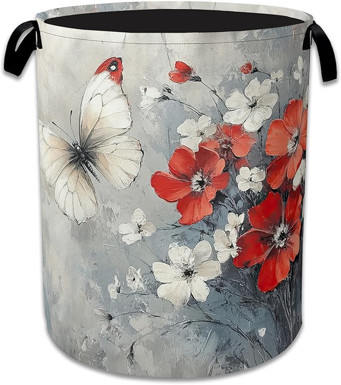Butterfly Flowers Laundry Basket, Foldable Oxford Cloth Red Laundry Hamper