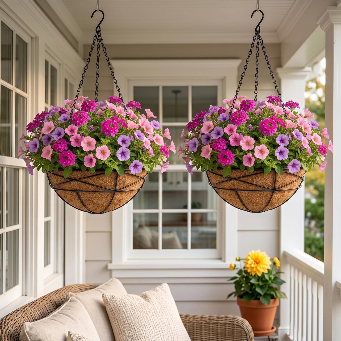Karlliu 4 Pack 14 Inch Hanging Baskets for Plants Outdoor Large Flower Planters with Coco Liner for Outside Panting Watering Plant Pot Holder for Home Garden Porch Balcony Railings Decor
