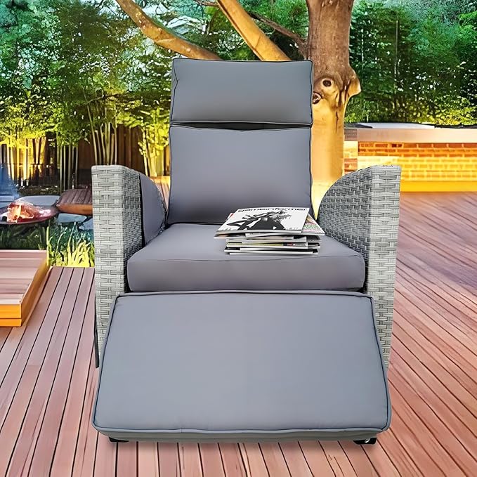 Wicker Outdoor Recliner | 145° Wicker Patio Reclining Chair with 4" Cushion | Air Pump Adjustable Backrest & Footrest, Flip-up Table & Side Pocket for Yard Patio Porch (Gray)