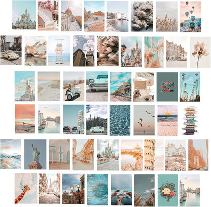 Onivein Peach Teal Wall Collage Kit Aesthetic Pictures, 50Pcs 4 x 6 Inch Blue Aesthetic Picture, Summer Beach Collage Print Kit, Trendy Cute Posters Photo Collage Kit for Dorm Bedroom Decor