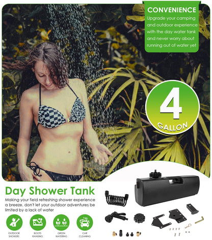 4.0 Gallon Pressurized Water Tank, Portable Camping Shower Water Storage with Spray Hose Bumper Mount or Bed Mount for Pick-up Trucks & Off-Road Vehicles Outdoor Activities Water Supply