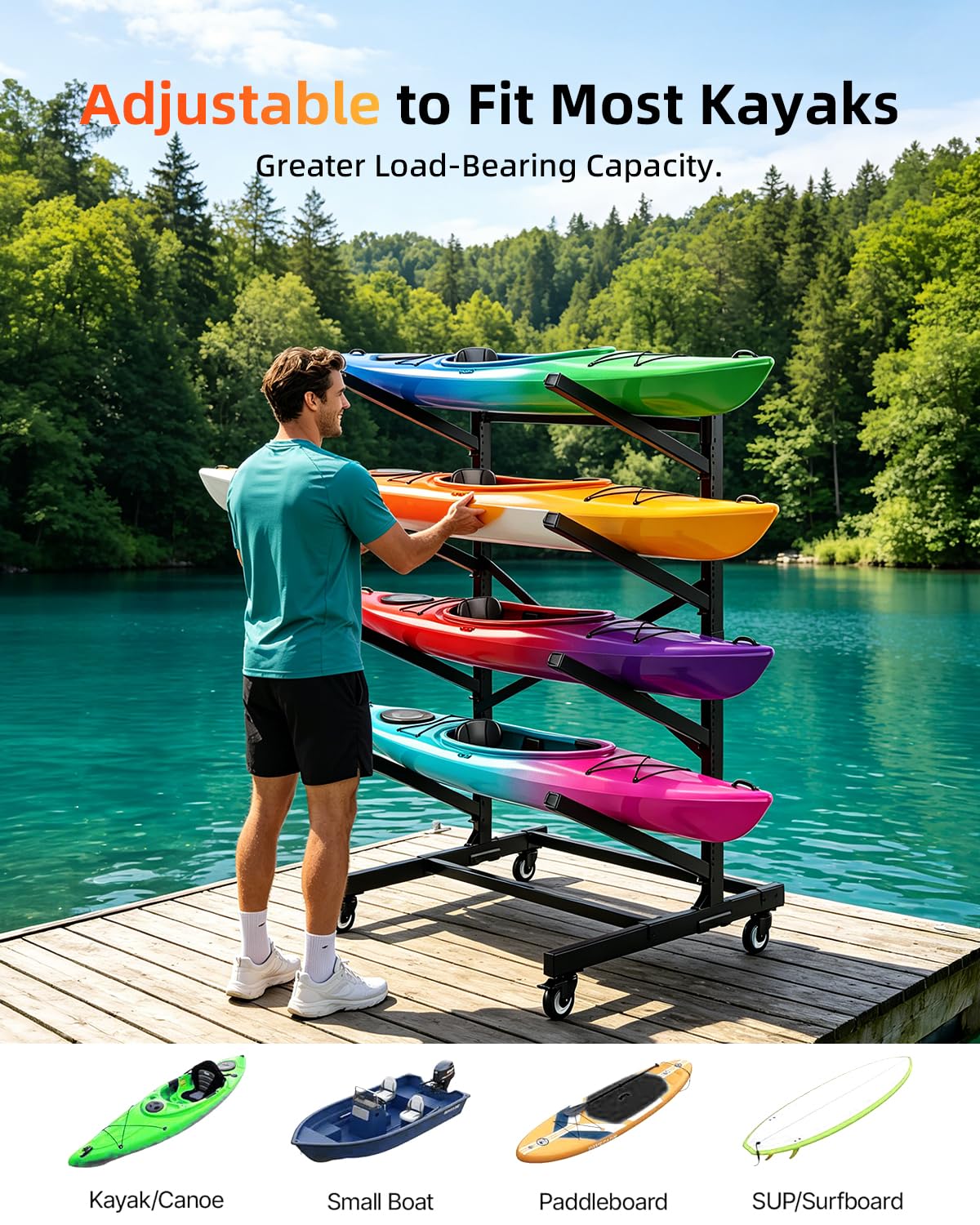 Ultrawesome 4-Tier Single-Sided Kayak Storage Rack with Wheels, Heavy Duty Freestanding Canoe Stand for 4 Kayaks, 400lbs Capacity, Adjustable Arms, Indoor Outdoor Garage Shed Dock Use