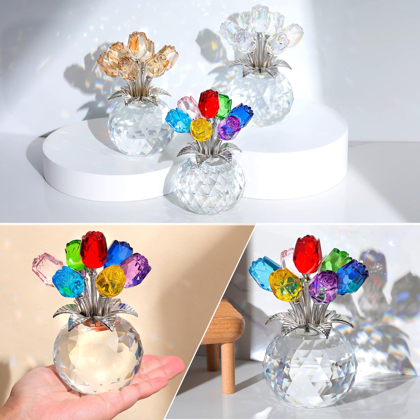 Ornalrist Crystal Colorful Rose Flower Collectible Figurine with Vase, Rose Bouquet Floral Romantic Gifts for Wife Mom Women on Mother's Day Valentine's Anniversary Christmas (5.11'' Gift Boxed)