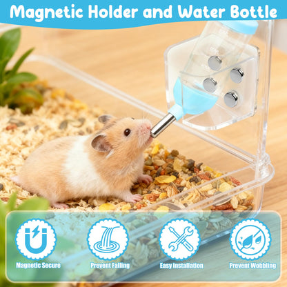 Magnetic Hamster Water Bottle Holder with Water Bottle, Adjustable Height Drop-Resistant Stand, Fits Bottles up to 2" Dia, Universal for Small Pets (Hamsters, Gerbils, Mice), Hamster Cage Accessories
