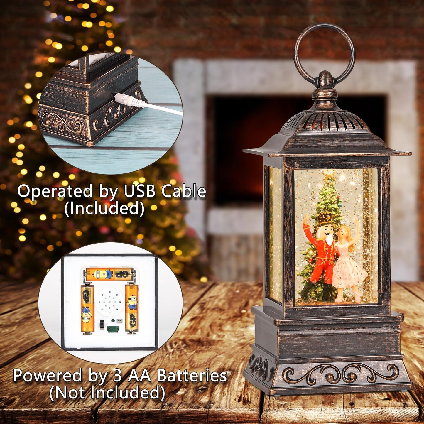 Christmas Snow Globe Decorations, Musical Glitter Nutcracker Lantern with 6H Timer, USB/Battery Powered Lighted Décor for Home, Tabletop, Gift Box
