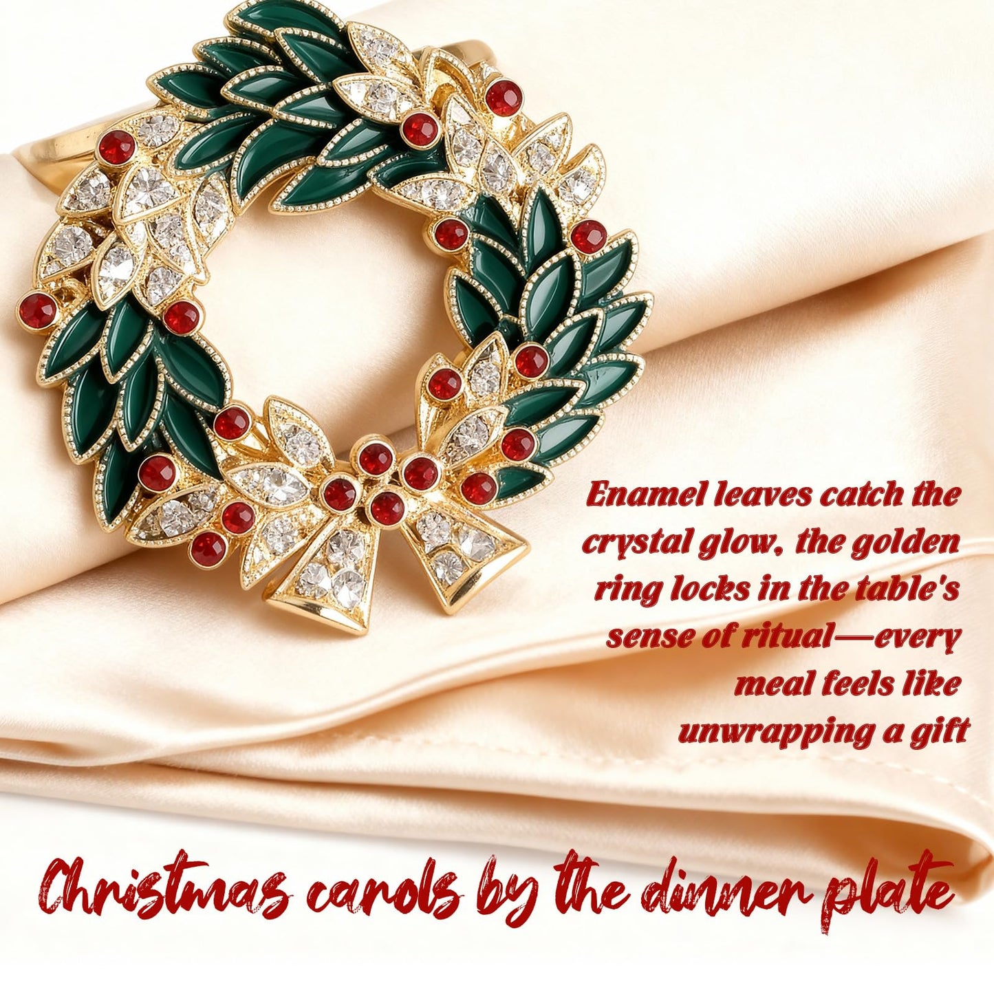 Christmas Wreath Napkin Rings Set of 8, Enamel Berry Gold Alloy Napkin Holders, Holiday Table Decor for Christmas Dinner Place Settings